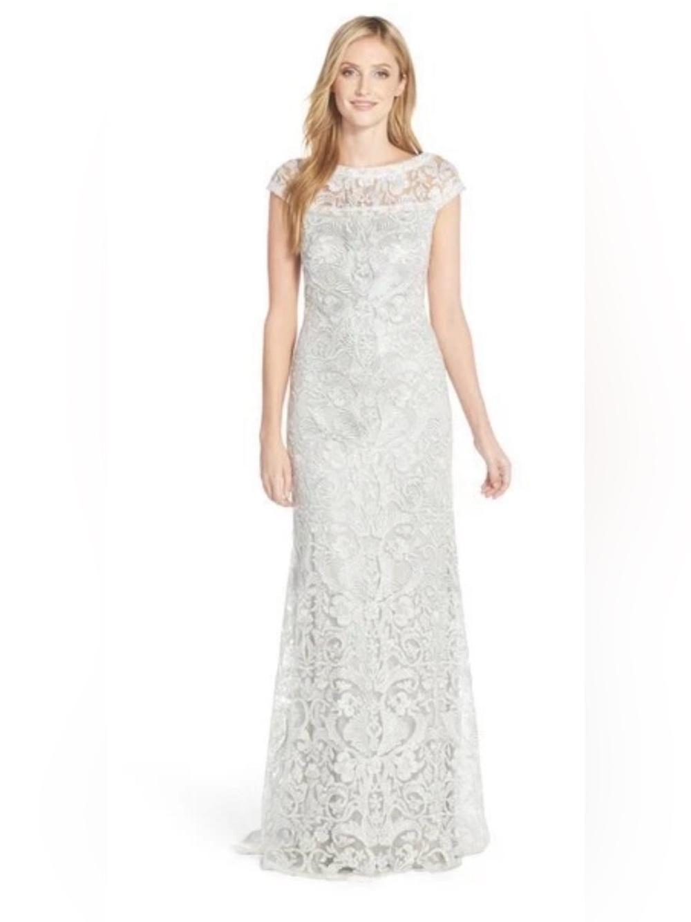 Tadashi Shoji Lace Embroidered Cap-Sleeve Evening Dress Size 8